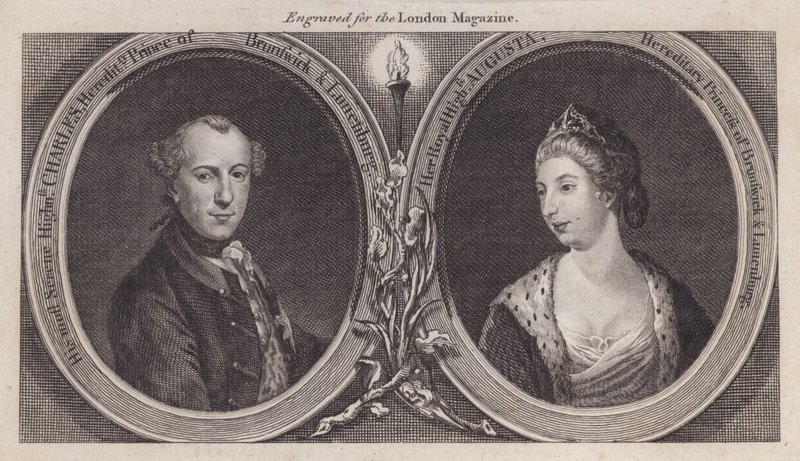 Charles William Ferdinand, Duque de Brunswick, e sua esposa, Princesa Augusta, irmã do Rei Jorge III (gravura) de English School
