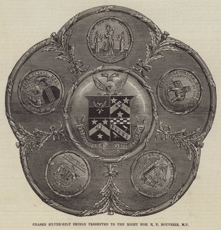 Chased Silver-Gilt Shield apresentado ao Honorável E P Bouverie, MP (gravura) de English School