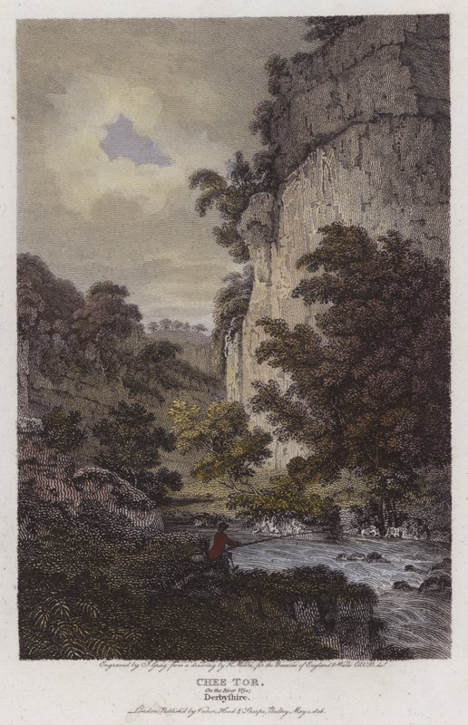 Chee Tor, on the River Wye, Derbyshire (gravura colorida) de English School