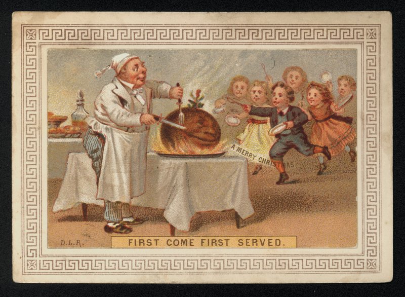 Chef esculpindo um pudim de ameixa, cartão de boas festas de Natal. (chromolitho) de English School