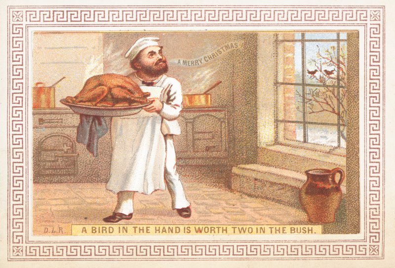Chef segurando o prato de peru, cartão de Natal de English School