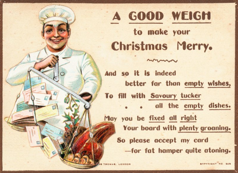 Chef, pesando cartas e comida em escalas, cartão de Natal de English School