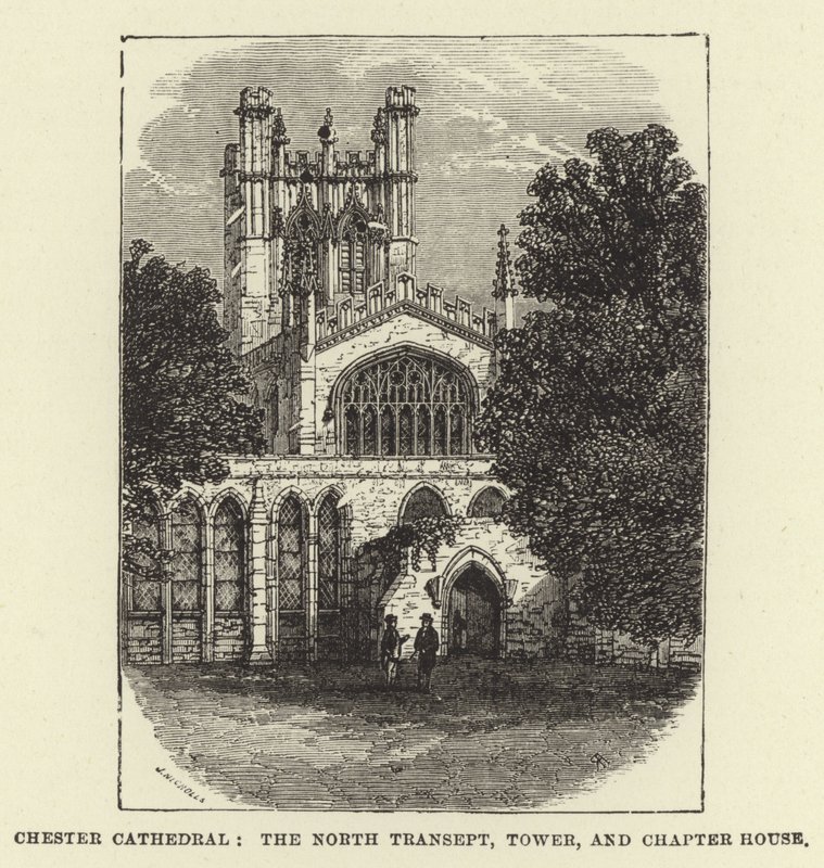 Catedral de Chester, o transepto norte, torre e casa do capítulo de English School