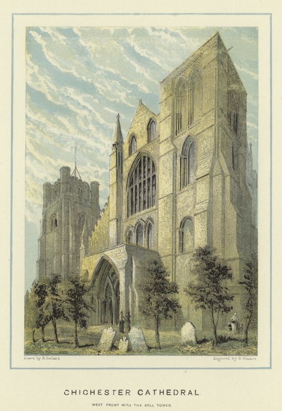 Chichester Cathedral, frente oeste com a torre do sino de English School