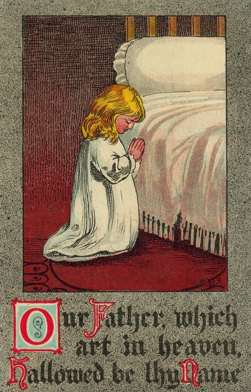 Criança na hora de dormir recitando a oração do Senhor (cor litho) de English School