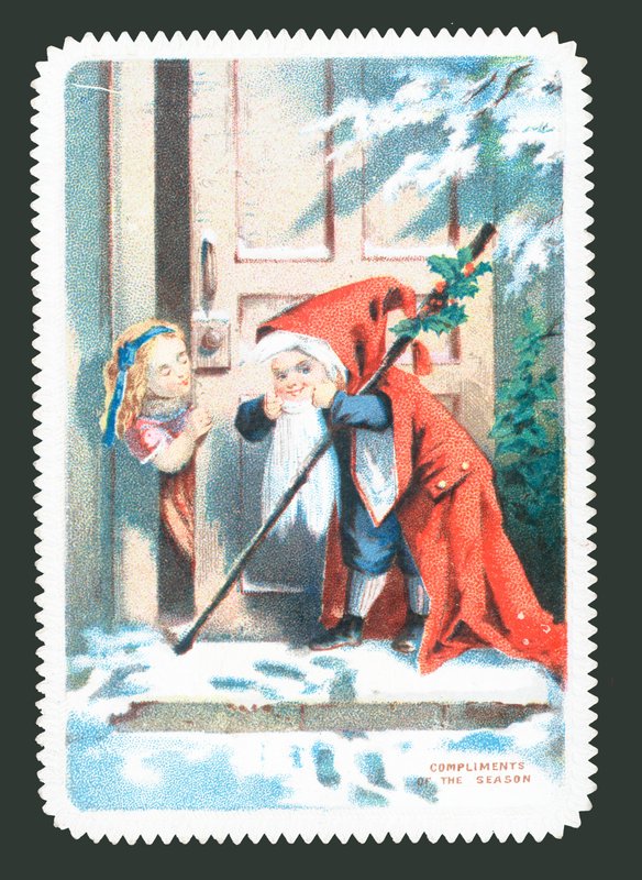 Criança vestida como Santa batendo na porta, cartão de Natal de English School