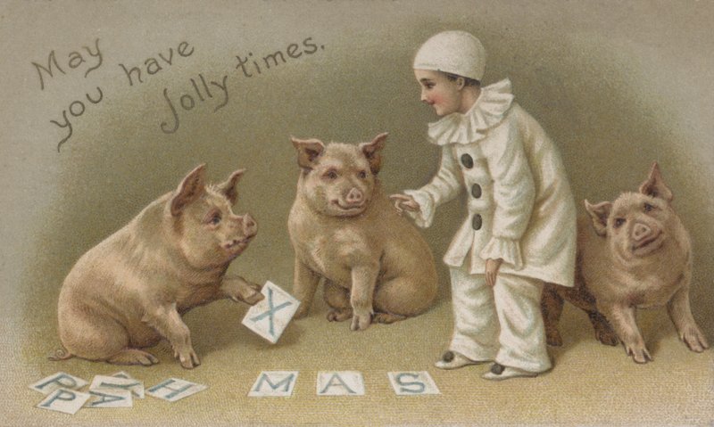 Fato de criança ina Pierrot com três porcos, cartão de Natal (chromolitho) de English School