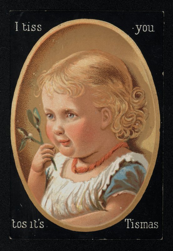 Criança com visco, cartão de boas festas de Natal. (chromolitho) de English School