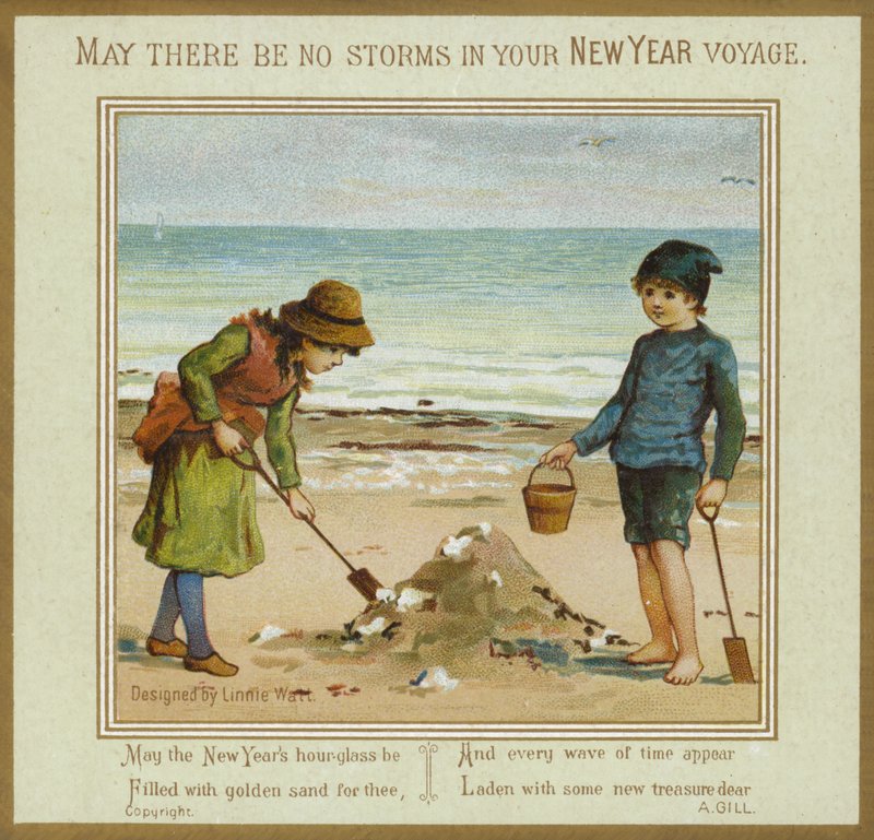 Crianças brincando na praia - cartão de ano novo de English School
