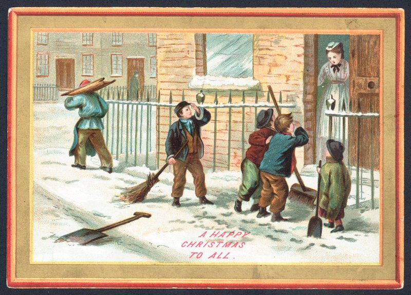 Crianças limpando a neve e batendo nas portas! Cartão de Natal de English School