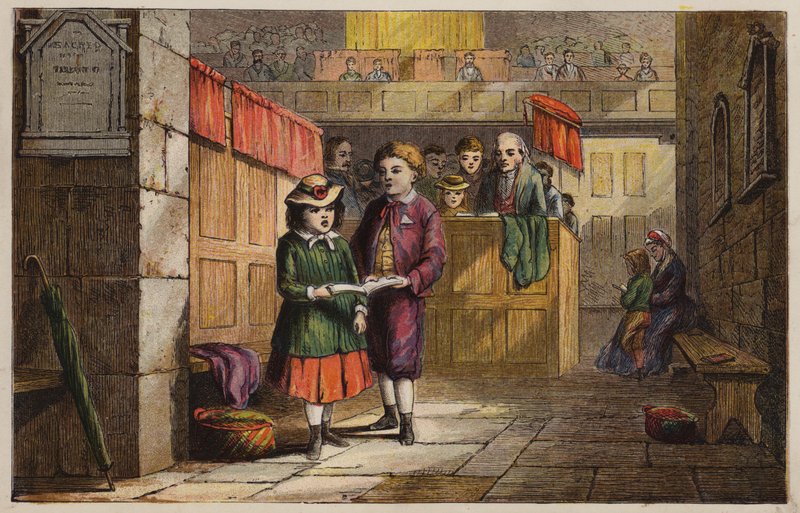 Crianças em uma igreja (gravura colorida) de English School