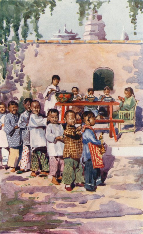 Crianças da China: Crianças a comer e a brincar (litografia a cores) de English School