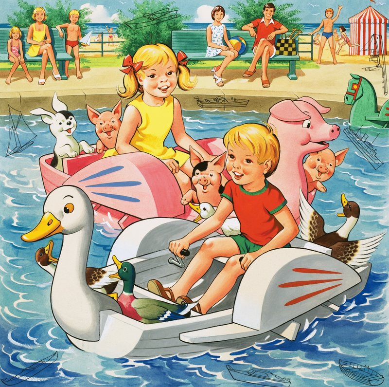 Crianças em barcos de pedalinho (com objetos escondidos) de English School