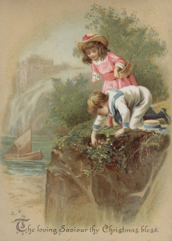 Crianças colhendo flores na margem do rio, cartão de Natal (chromolitho) de English School