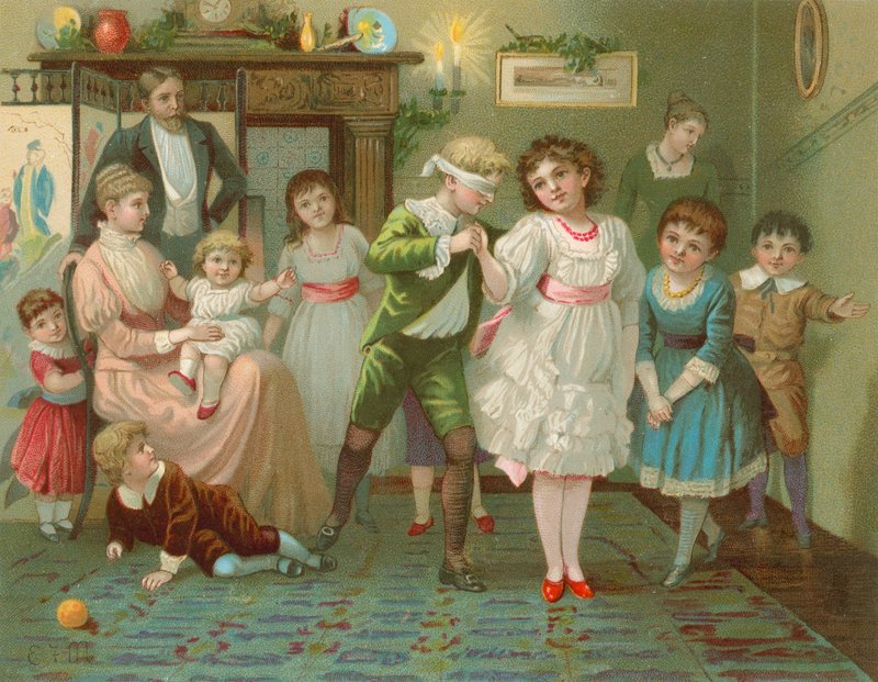 Crianças jogando blind mans mans na época do Natal de English School
