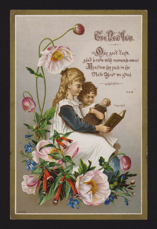 Crianças lendo um livro, cartão de felicitações de Ano Novo, final do século XIX ou início do século XX (cromolitografia) de English School