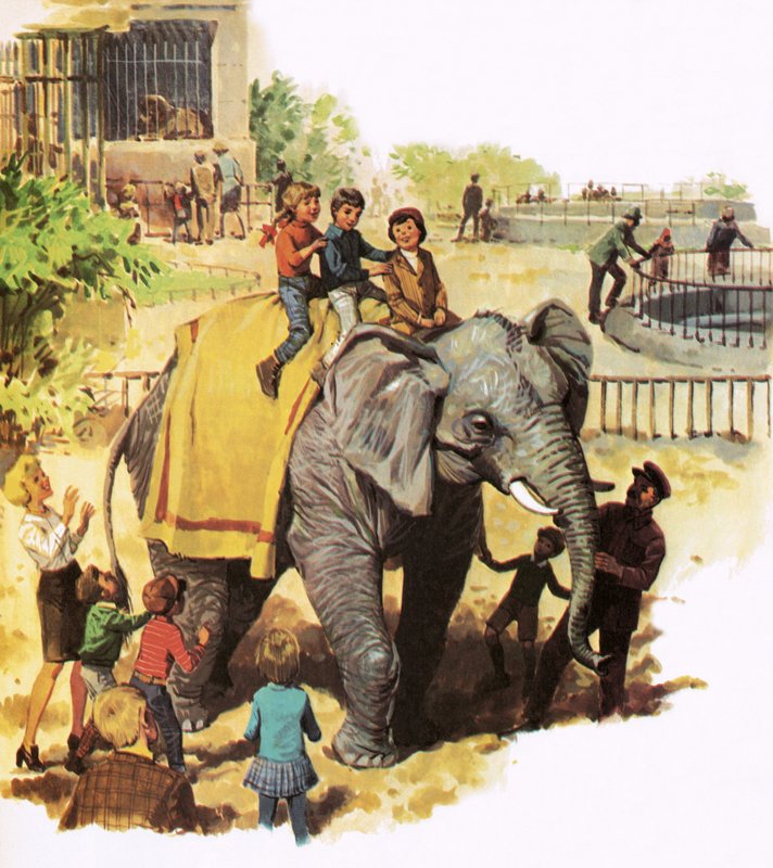 Crianças montando Jumbo no zoológico de Londres de English School