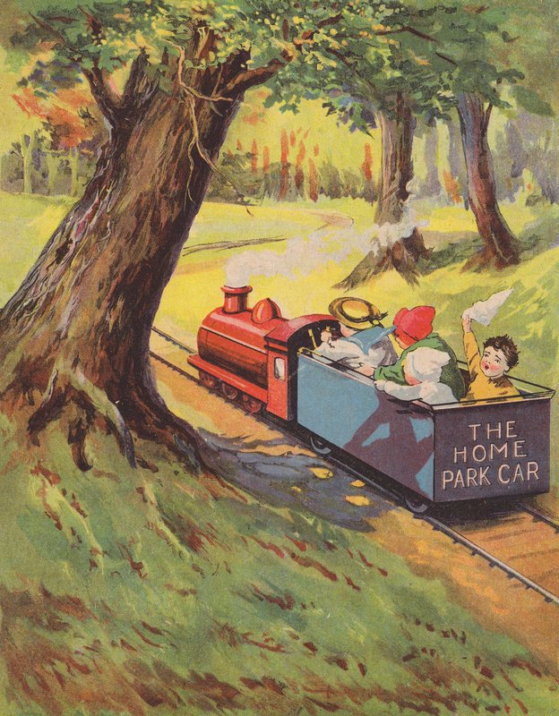 Crianças a andar num comboio em miniatura (cor litho) de English School