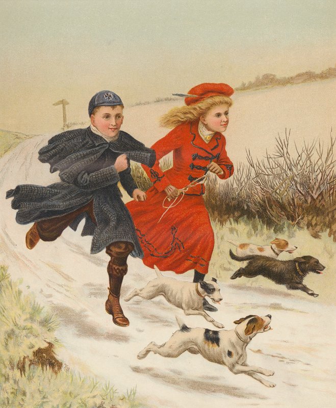 Crianças a correr com cães ao longo de uma estrada com neve (cromolitografia) de English School