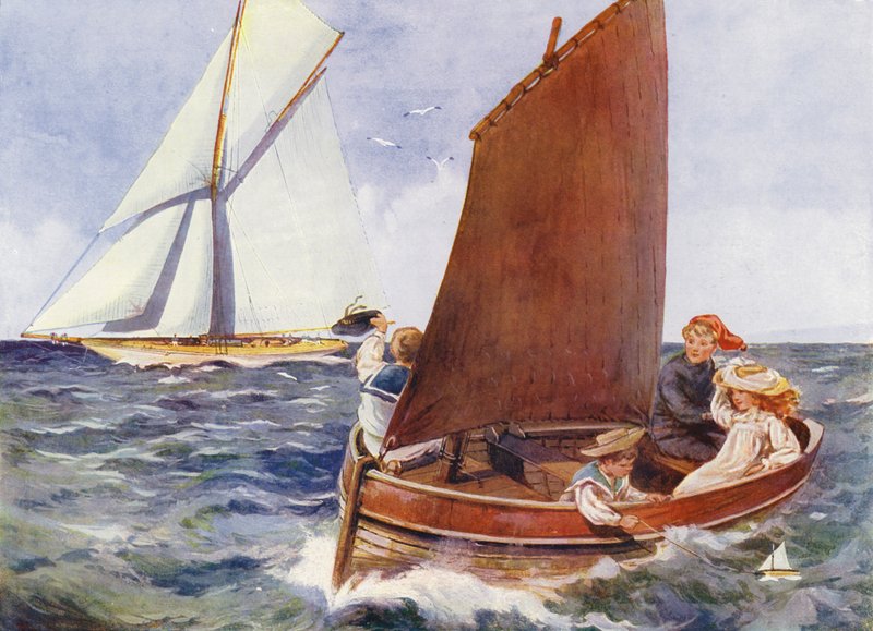Crianças a navegar e a ver um iate de passagem (cor litho) de English School