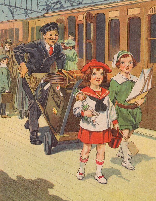 Crianças que viajam de comboio para as férias (cor litho) de English School