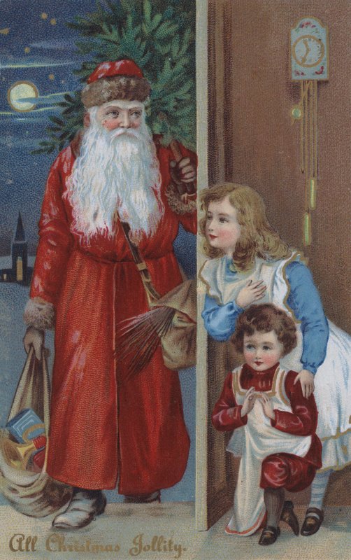 Crianças esperando pelo Papai Noel, cartão de Natal (chromolitho) de English School