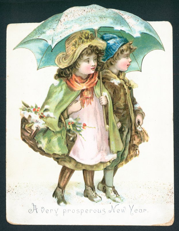 Crianças, andar, neve, sob, guarda-chuva, ano novo, cartão de English School