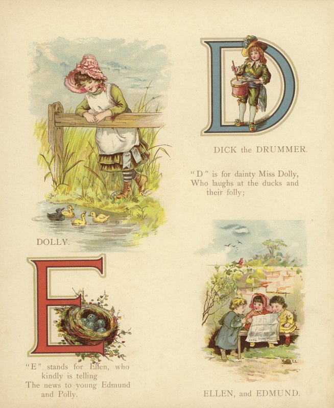 Nomes de crianças: Dick the Drummer, Dolly, Ellen, Edmund (litografia a cores) de English School