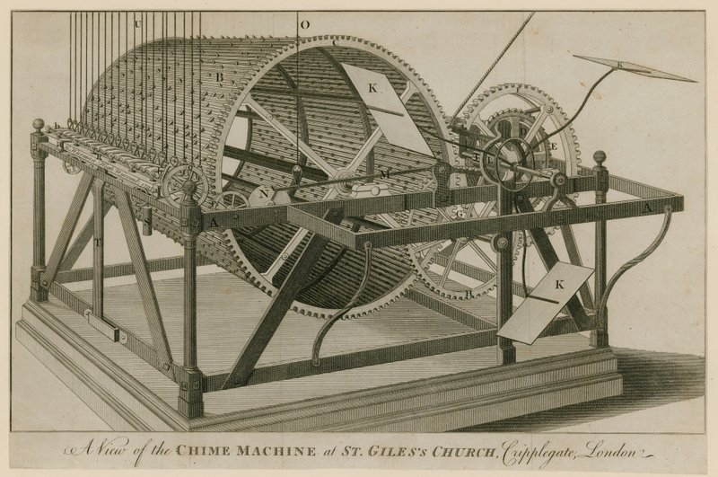 Máquina de carrilhão na igreja de St Giless, Cripplegate, Londres de English School