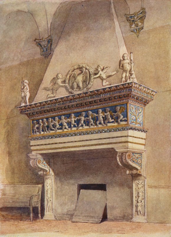 Chimney-piece delle Agneli, Palácio Ducal, Urbino, Itália (cor litho) de English School