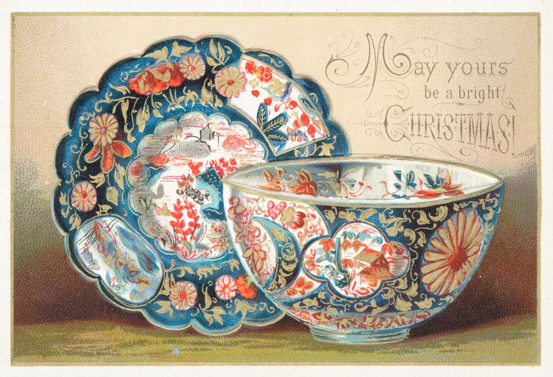 Bacia e placa de China, cartão de Natal de English School
