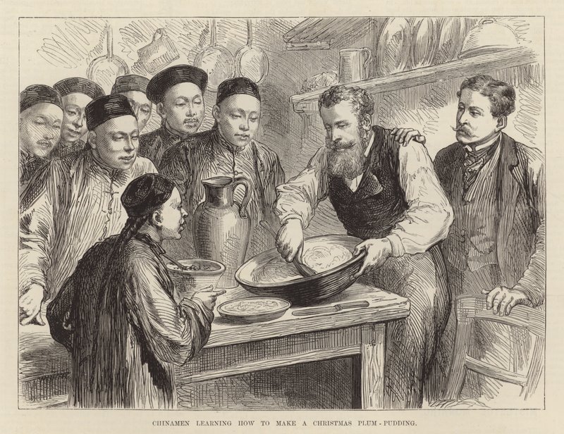 Chinês a aprender a fazer um pudim de ameixa de Natal (gravura) de English School