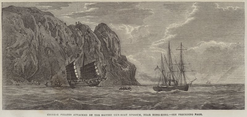 Piratas chineses atacados pelo Gun-Boat Opossum britânico, perto de Hong-Kong (gravura) de English School