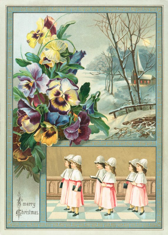 Meninas do coro e Pansies, cartão de Natal de English School