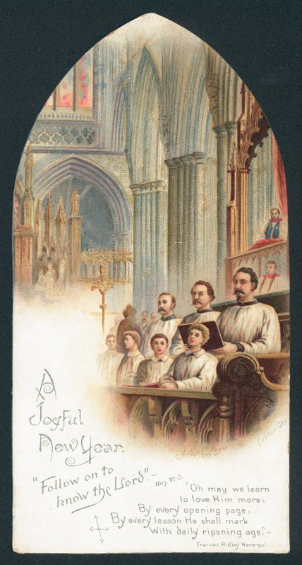 Coro cantando na igreja, cartão de ano novo de English School