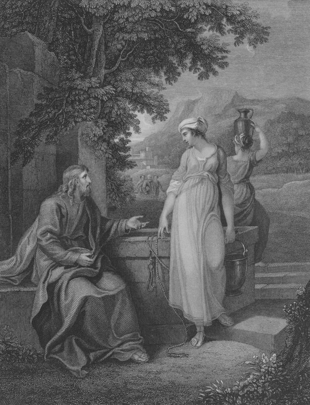 Cristo e a mulher da Samaria, São João 4, versículos 5-27 (gravura) de English School