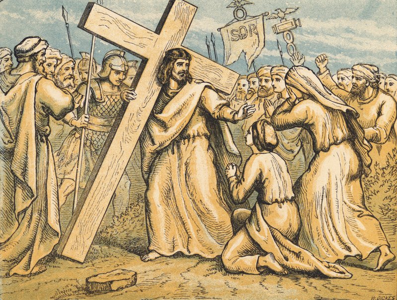 Cristo com a sua cruz (gravura colorida) de English School