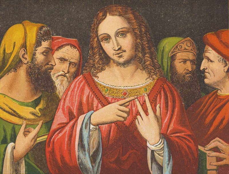 Cristo discutindo com os doutores (litografia a cores) de English School