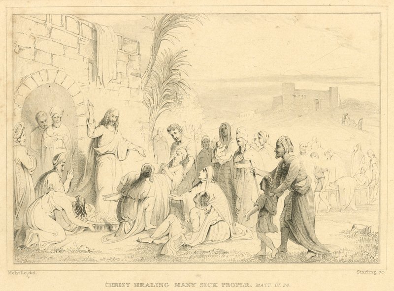 Cristo curando muitos doentes, Mateus IV, 24 (gravura) de English School