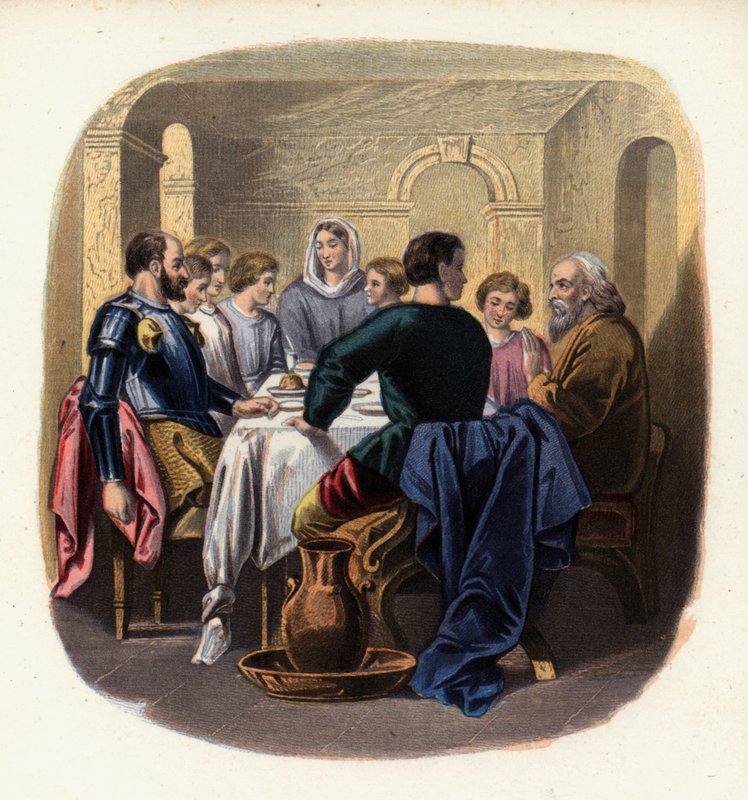 Christiana e os peregrinos na casa de Gaio, uma ilustração de The Pilgrim