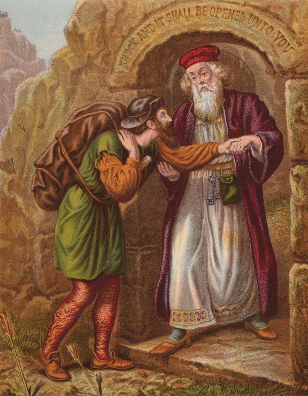 Chegada de Christian ao portão do postigo (litografia a cores) de English School