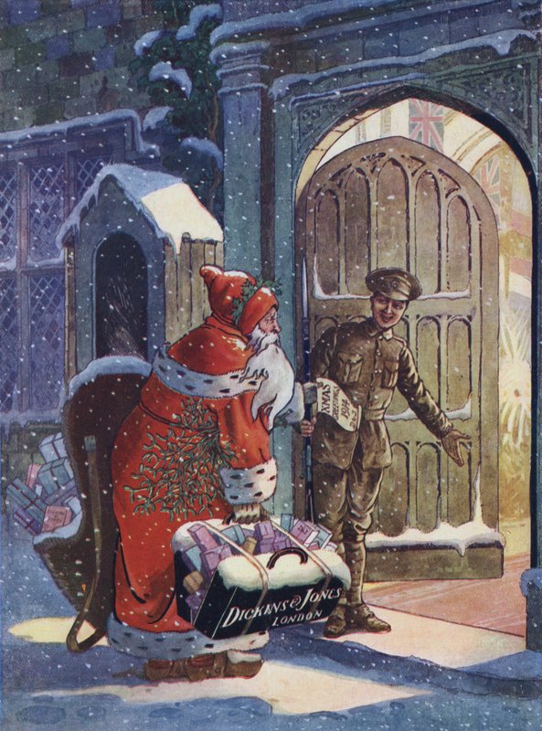 Anúncio de Natal mostrando Papai Noel trazendo presentes para os soldados da 1ª Guerra Mundial da loja de departamentos Dickins e Jones (cor litho) de English School