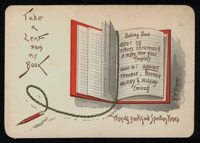 Desejos de Natal e Ano Novo descritos num livro de apostas, cartão de felicitações. (chromolitho) de English School