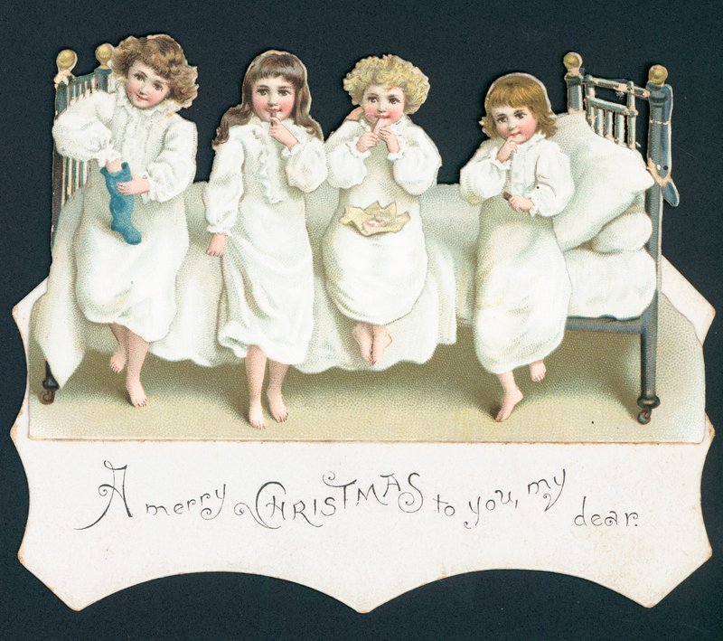 Cartão de Natal, as crianças na cama com as meias de English School