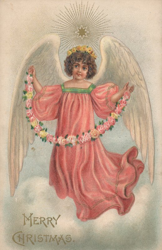 Cartão de Natal com um anjo segurando uma cadeia de flores de English School