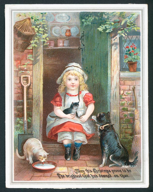 Cartão de cumprimentos de Natal com criança e animais de estimação de English School
