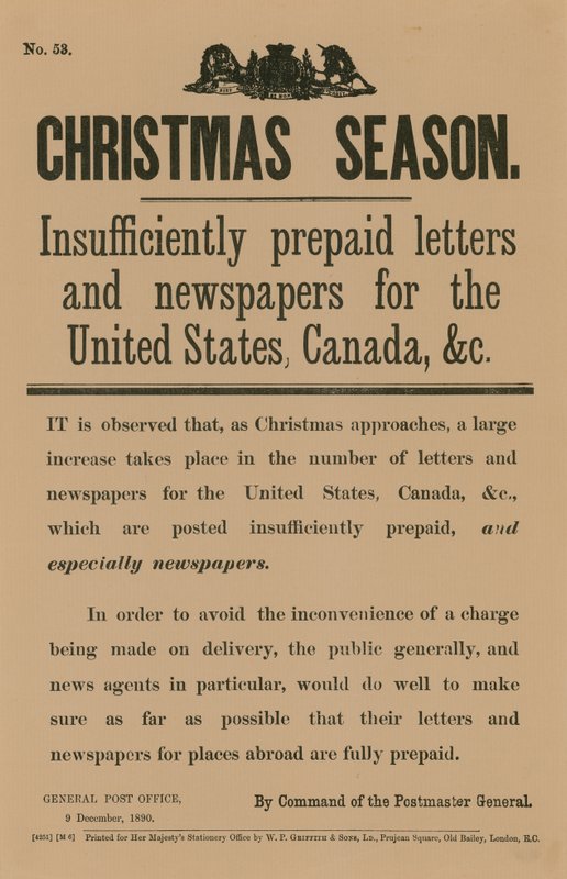 Aviso de postagem de Natal por comando do Postmaster General, 9 de dezembro de 1890 de English School