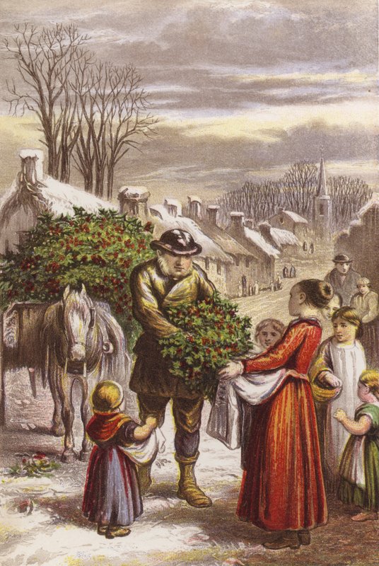Tempo de Natal - venda de azevinho numa aldeia coberta de neve (gravura colorida) de English School