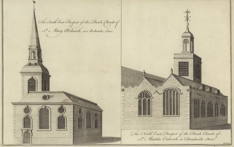 Igreja de St Mary Abchurch, Abchurch Lane e Igreja de St Martin Outwich em Threadneedle Street, Londres de English School