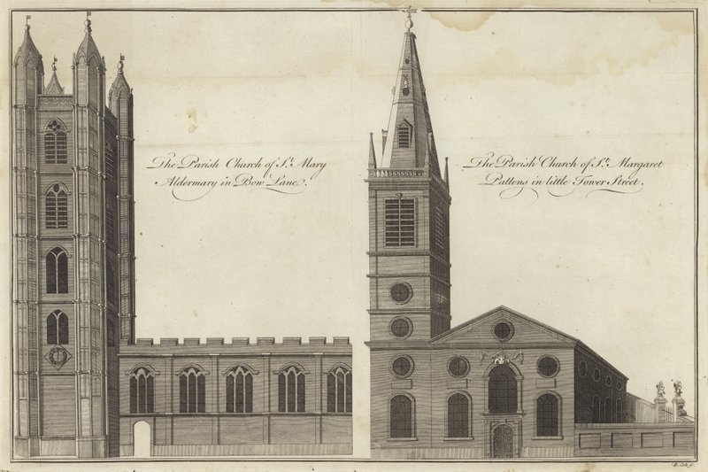 Igreja de St Mary Aldermary em Bow Lane e Igreja de St Margaret Pattens em Little Tower Street, Londres de English School